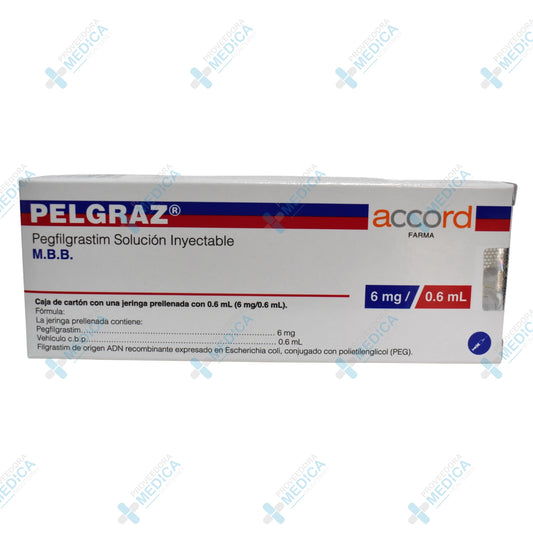 PELGRAZ Pegfilgrastim solucion inyectable 6 mg 0.6 ml caja con una jeringa prellenada&nbsp;