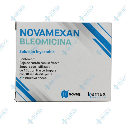 NOVAMEXAN Bleomicina solución inyectable caja con un frasco ampula con liofilizado de 15 ui y un frasco ampula con 10 ml de diluyente, Novag Kemex Laboratorio