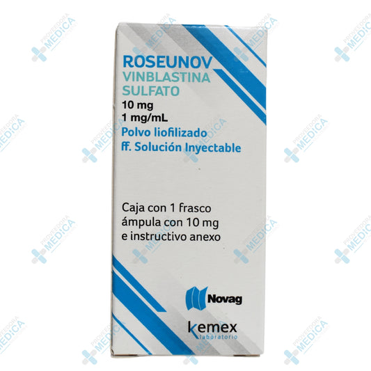 ROSEUNOV Vinblastina Sulfato 10 mg 1 mg/mL polvo liofilizado ff. solución inyectable, caja con 1 frasco ampula con 10 mg&nbsp; Novag Kemex Laboratorio