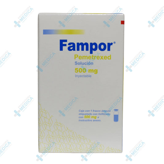 FAMPOR Pemetrexed solución 500 mg inyectable caja con un frasco ampula etiquetado con liofilizado con 500 mg Ulsa Tech