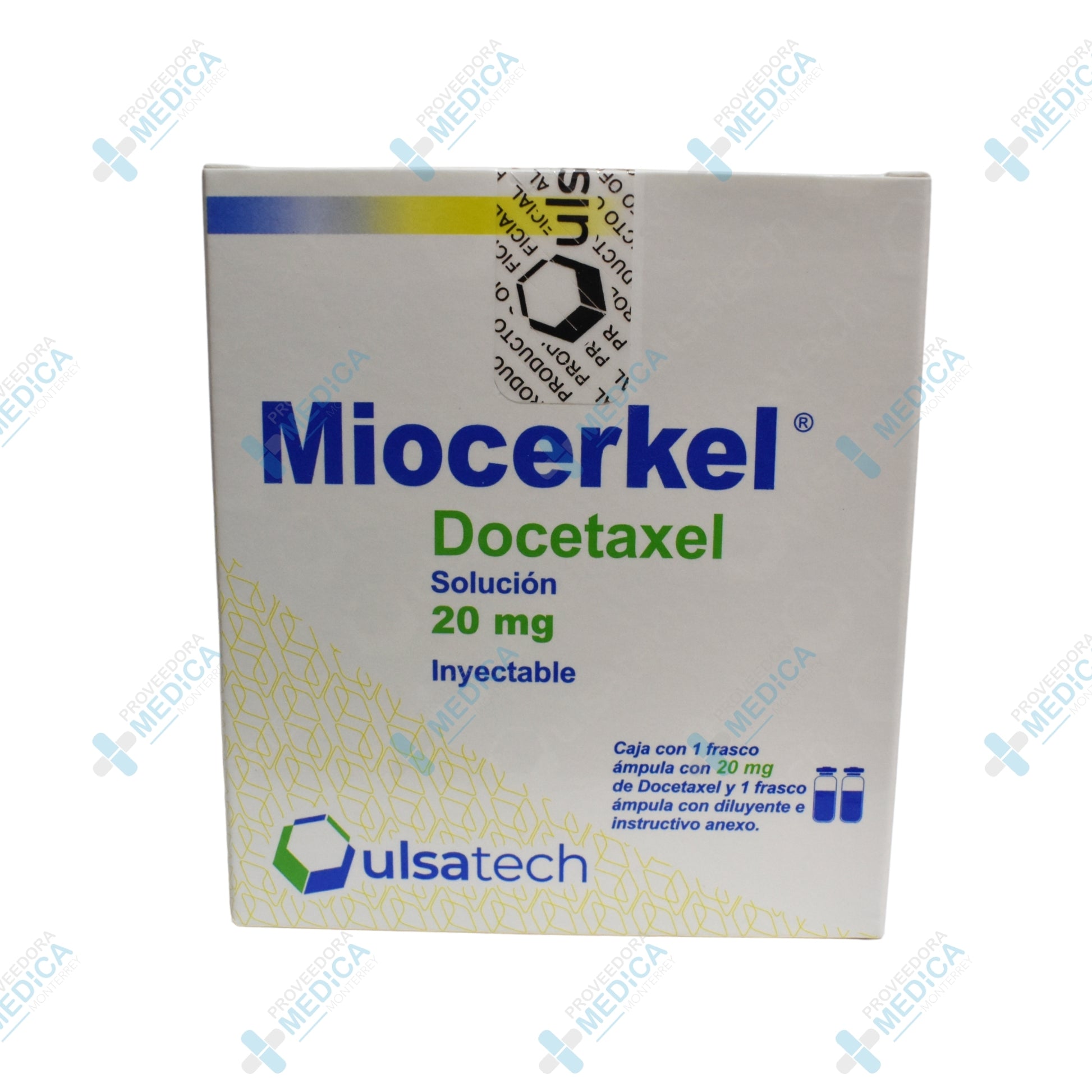 MIOCERKEL Docetaxcel solucion 20 mg inyectable caja con 1 frasco ampula con 20 mg de docetaxel y un frasco ampula con diluyente. Ulsa Tech